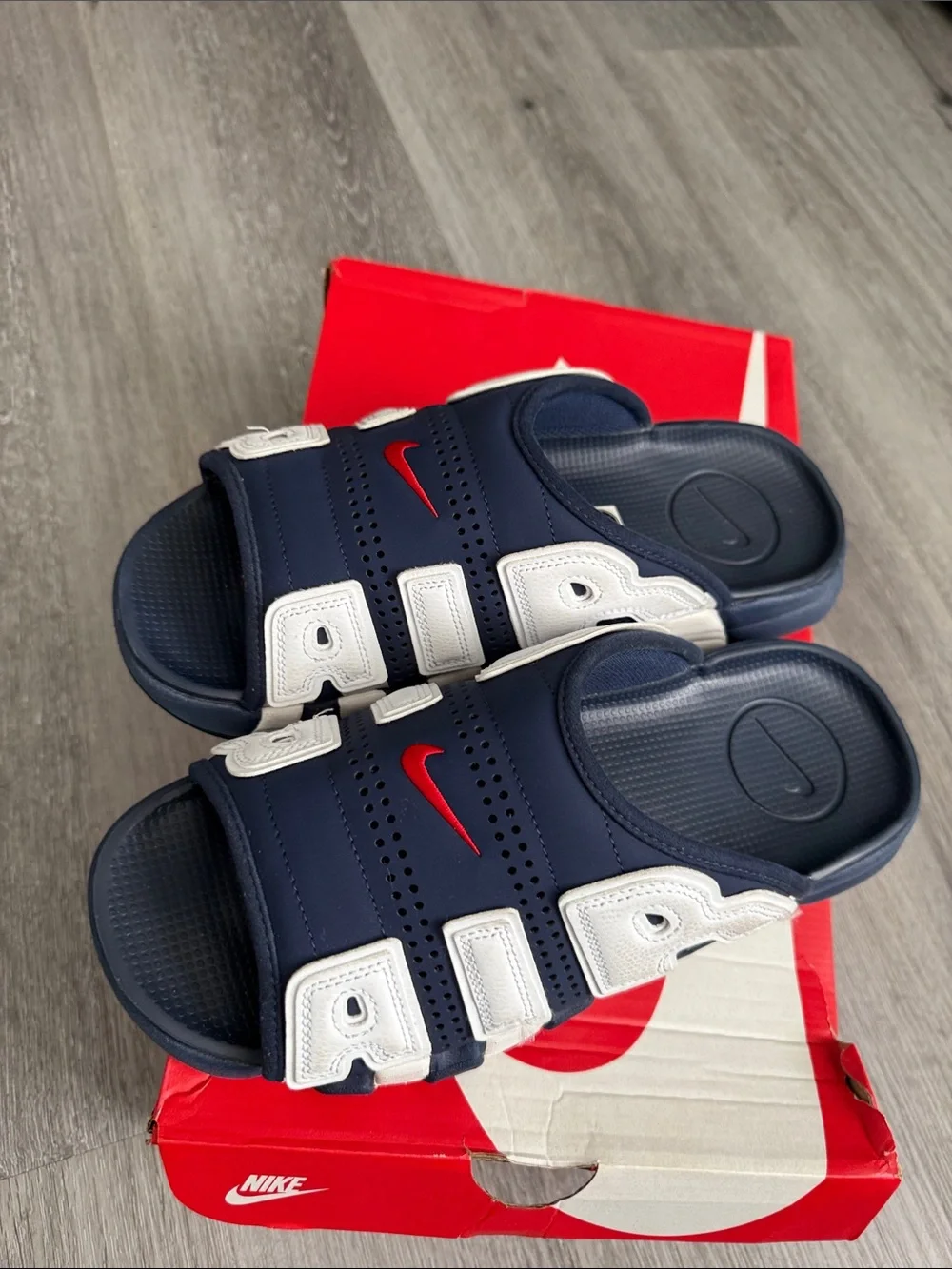 Nike Navy, White and Red Air More Uptempo Slide